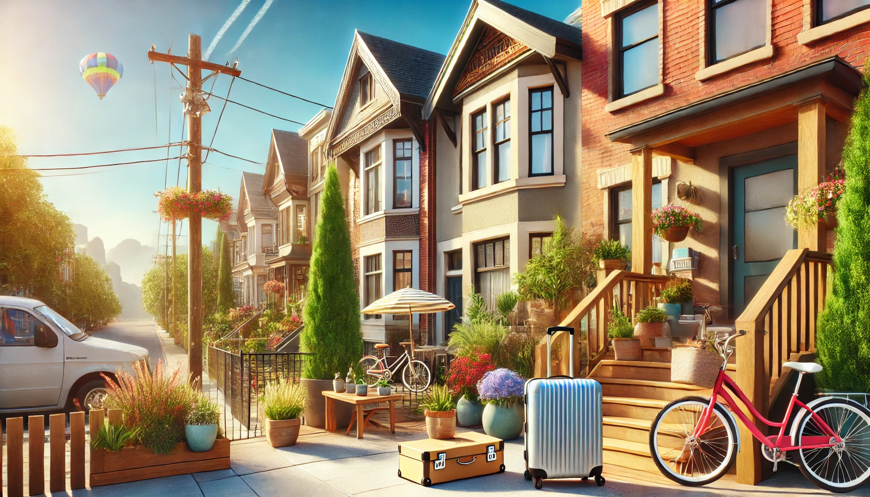 DALL·E 2024-11-17 17.43.25 – A scenic neighborhood featuring modern apartments mixed with historic architecture, showcasing elements of tourism such as a suitcase near a door and