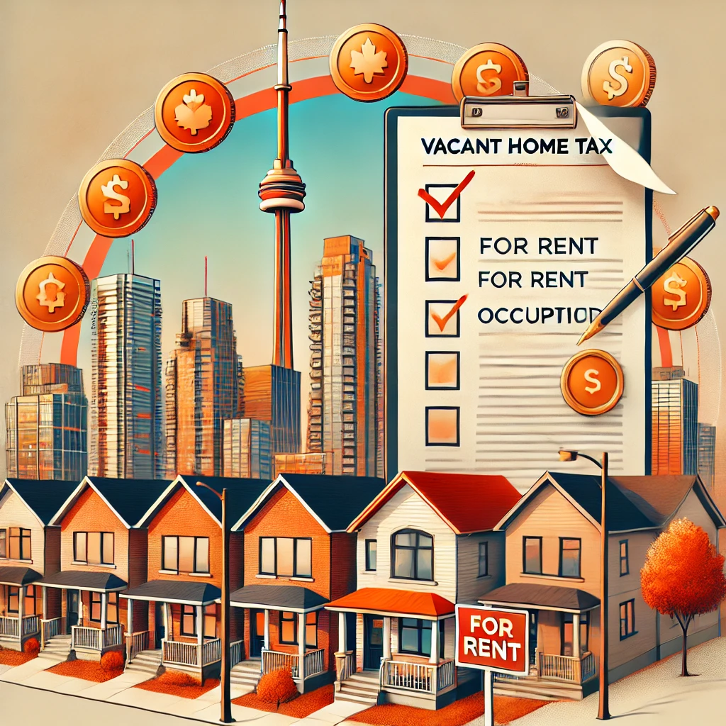 DALL·E 2024-12-12 20.25.42 – A visually engaging image illustrating Toronto’s housing market and its vacant home tax program. The composition includes a modern Toronto cityscape w