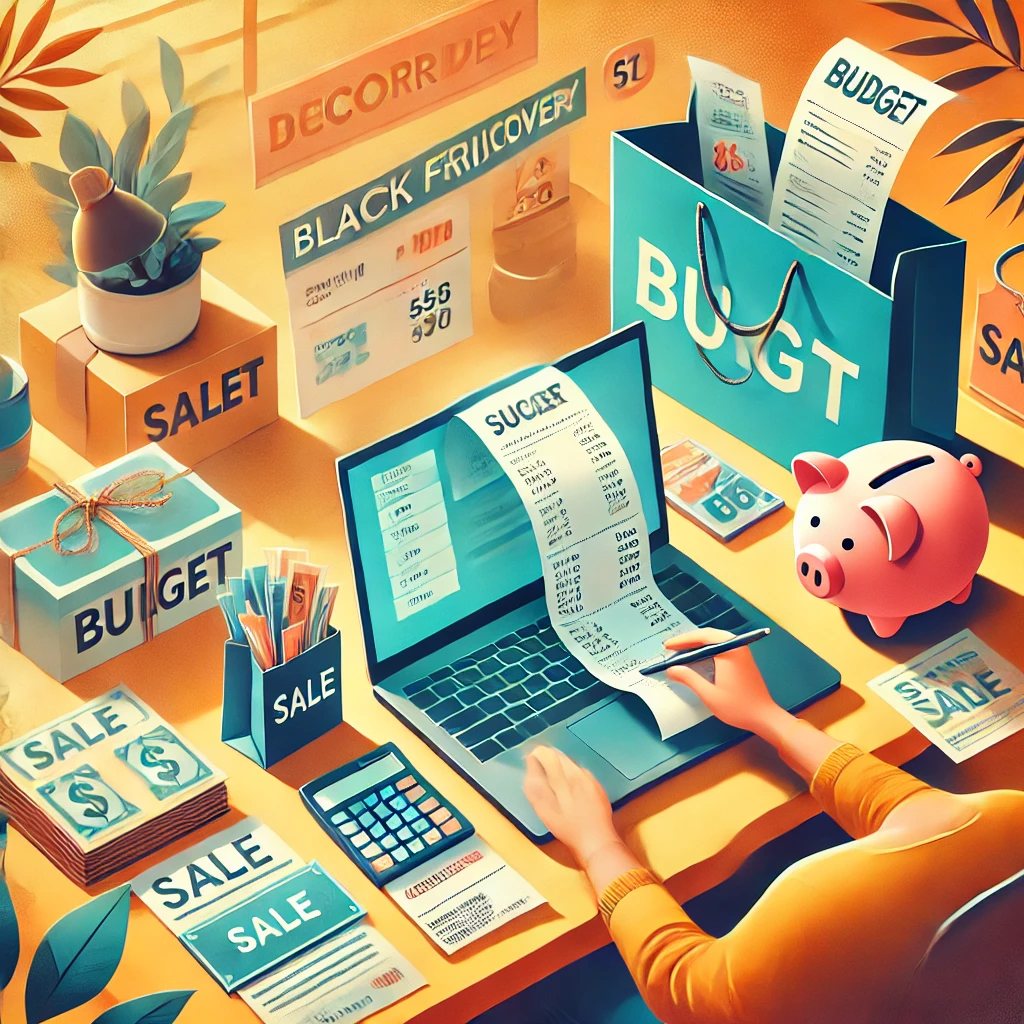DALL·E 2024-12-12 20.34.58 – A vibrant and relatable image representing post-Black Friday financial recovery. The scene includes a person at a desk with a laptop, reviewing bills,